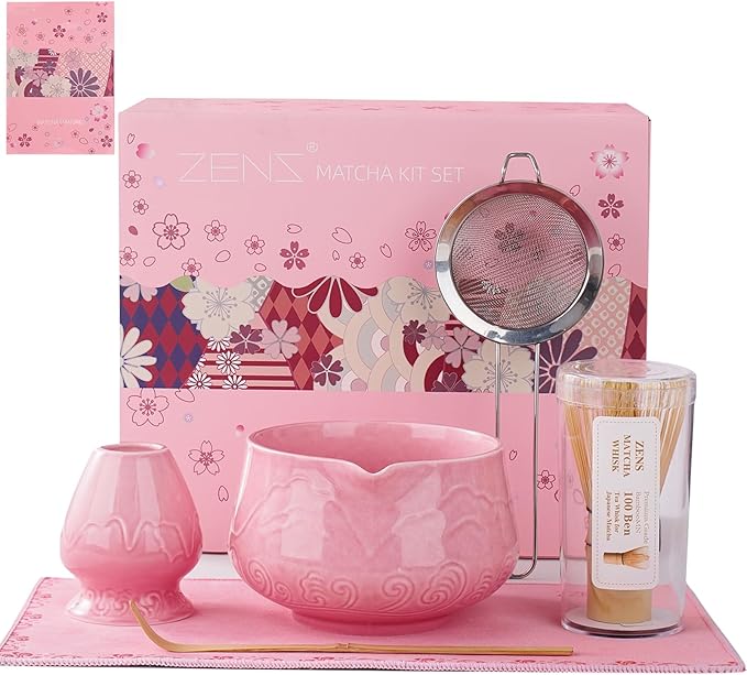 ZENS Pink Matcha Set, Matcha Whisk Set Includes 15oz Ceramic Bowl & (Chasen Holder), Bamboo Whisk & Scoop, Sifter and Pink Tea Towel, 6pcs Matcha Kit for Matcha Lovers - Bloomnest