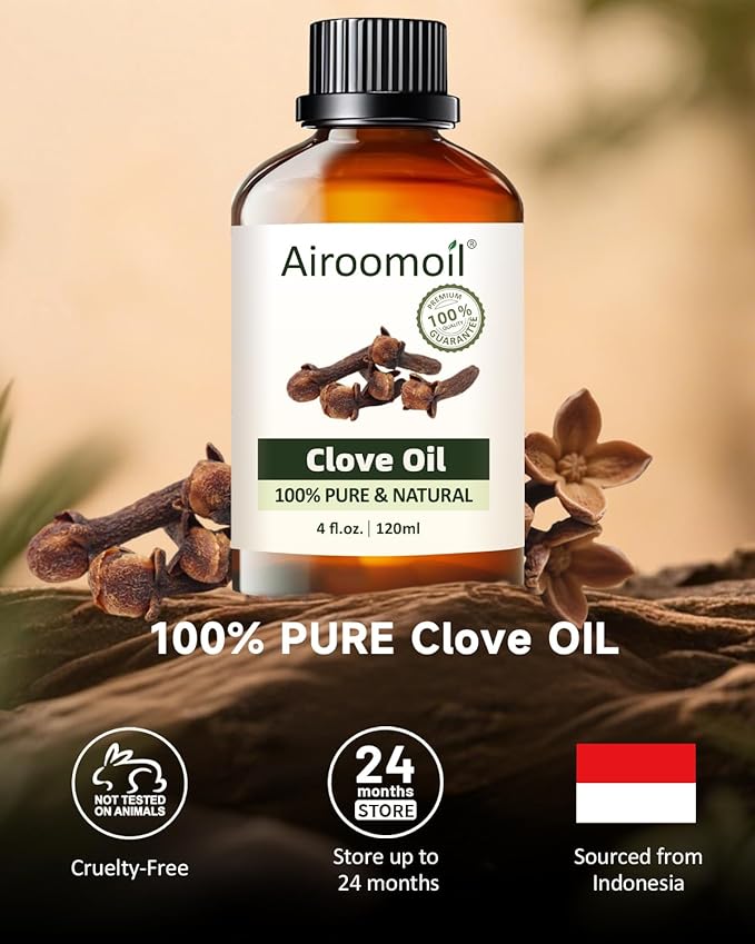 Pure Clove Essential Oil, 100% Natural 4 Fl Oz (120 ml) for Diffusers, Home Fragrance, DIY Candles, Soap, Sprays, Perfect Holiday Gift and Seasonal Aromatherapy Airoomoil