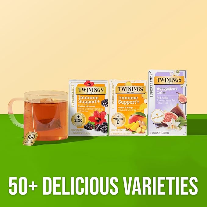 Twinings Superblends Immune Support+ Herbal Tea with Vitamin C, Ginger & Mango Flavoured Green Tea, 16 Tea Bags (Pack of 1), Enjoy Hot or Iced - Bloomnest