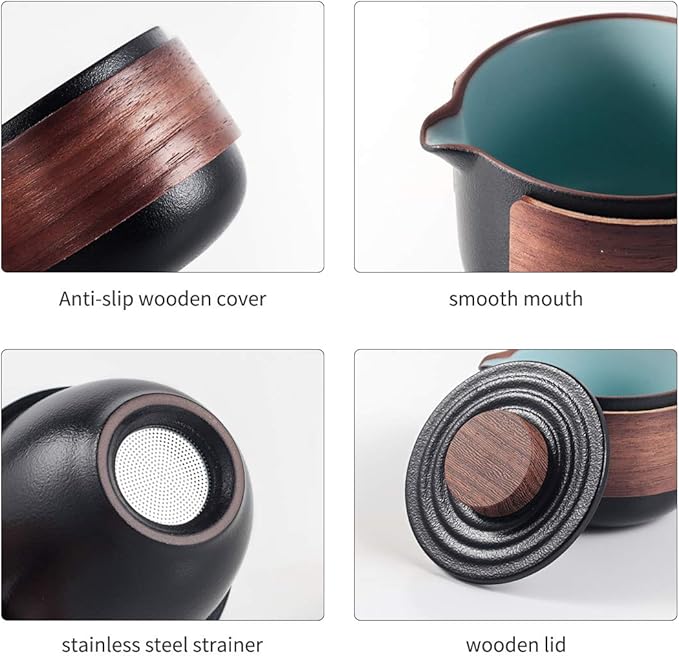 Mini Travel Ceramic Tea Pot Set Chinese Kung Fu Teapot, 1 Pot 2 Cups Porcelain Teacups with Tea Infuser Portable Bag for Outdoor Picnic (Black)