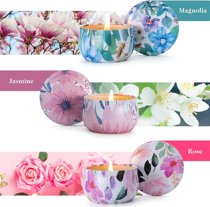 Hausware 3 Pack Scented Candles, 2.5 oz Aromatherapy Candles with Floral Scents,Soy Candles Set with 72H Burning Time,Ideal Gift for Women(Magnolia+Jasmine+Rose) - Bloomnest