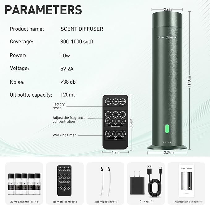 Waterless Scent Diffuser Starter Kit - 1000 Sq Ft Coverage, Hotel Scent Diffuser, Essential Oil Diffuser Large Room, Included 5 Scent Oils, Remote Control, SandGreen - Bloomnest