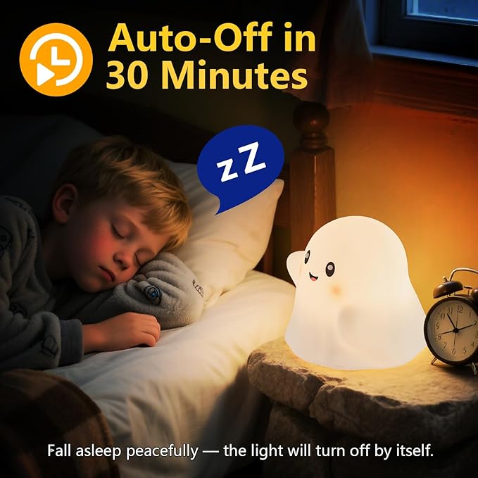 Ghost Night Light for Kids – Gift & Fun Toy for Kids, Touch Tap Lamp with Sounds, Squishy Silicone, Eye-Safe LED, 30-Min Timer, Dimmable Rechargeable Bedside Table Lamp – Gift for Boys & Girls - Bloomnest