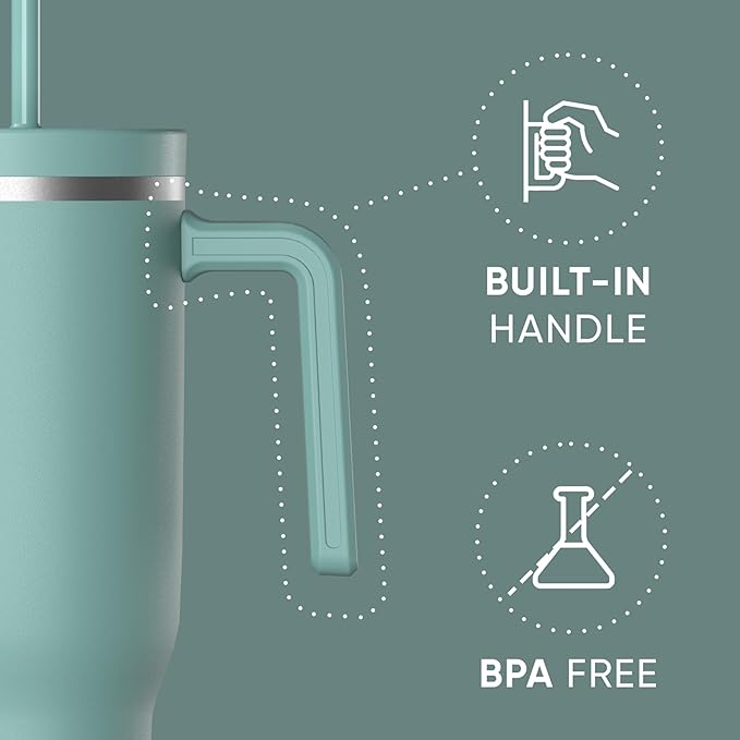 Hydrapeak Voyager 40 Oz Stainless Steel Tumbler with Handle, Insulated Water Bottle With Straw & Lid, Cupholder Friendly Reusable Travel Mug (Pale Sage) - Bloomnest
