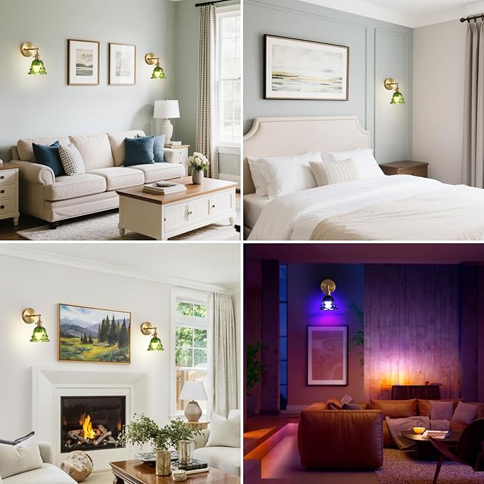 2 Pack Vintage Battery Operated Wall Sconces, Rose Green Lampshade & 180 Degree Adjustable, Wireless Rechargeable RGB Wall Light with Remote Control, for Bedroom Living Room Hallway Aisle - Bloomnest
