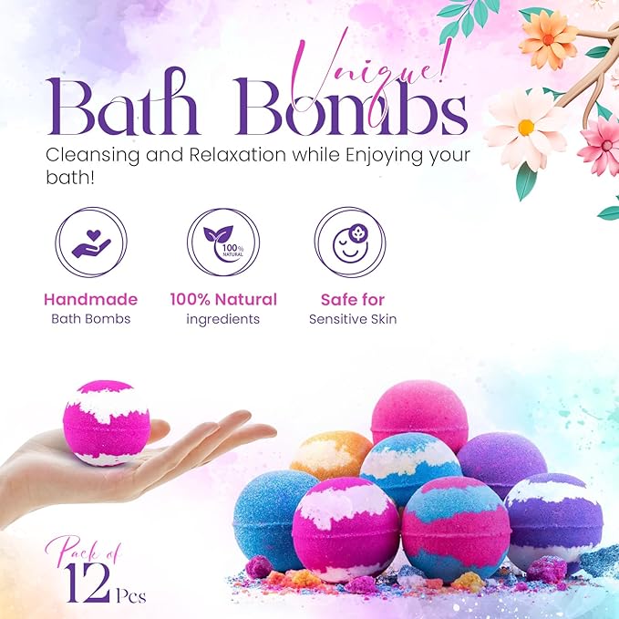 Bath Bombs for Women Pack of 12 Handmade for Women Gift Set, All Natural with Essential Oils, Shea Butter & Luxurious Bubbles - Relaxing Bath Bombs for Adults, Spa Fizzies, Moisturizing Bath Balls - Bloomnest