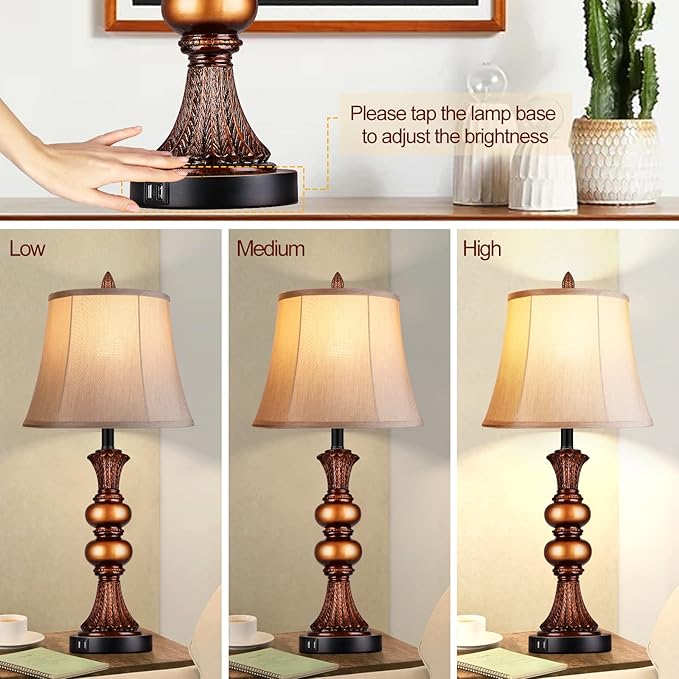 Set of 2 Touch Control Traditional Table Lamp, 27" H Bedside Lamps with 2 USB Charging Ports, 3-Way Dimmable Bronze Finish Large Nightstand Lamps with Bell Faux Silk Shade for Living Room, Bedroom - Bloomnest