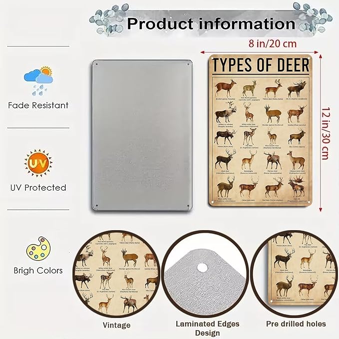Deer Gifts Types of Deer Vintage Tin Sign for Home Office Farmhouse Man Cave Classroom Wall Art Decor 8x12 Inch (3169) - Bloomnest