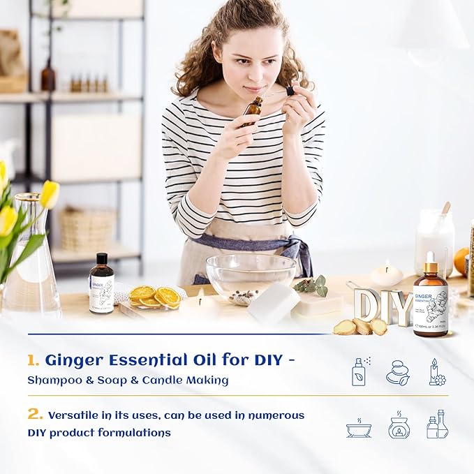 HIQILI Pure Ginger Essential Oil 3.38 Fl Oz, Pure Natural Premium Ginger Oil for Massage, Diffuser, Large Bottle with Dropper & Gift Box -100ml - Bloomnest