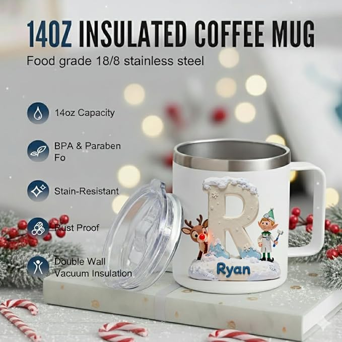 Personalized Rudolph the Red-Nosed Reindeer Mug with Custom Name, Classic Hermey the Elf Dentist Tumbler - 14oz Insulated Coffee Cup with Lid, Nostalgic Christmas Movie Fan Gift (B68) - Bloomnest