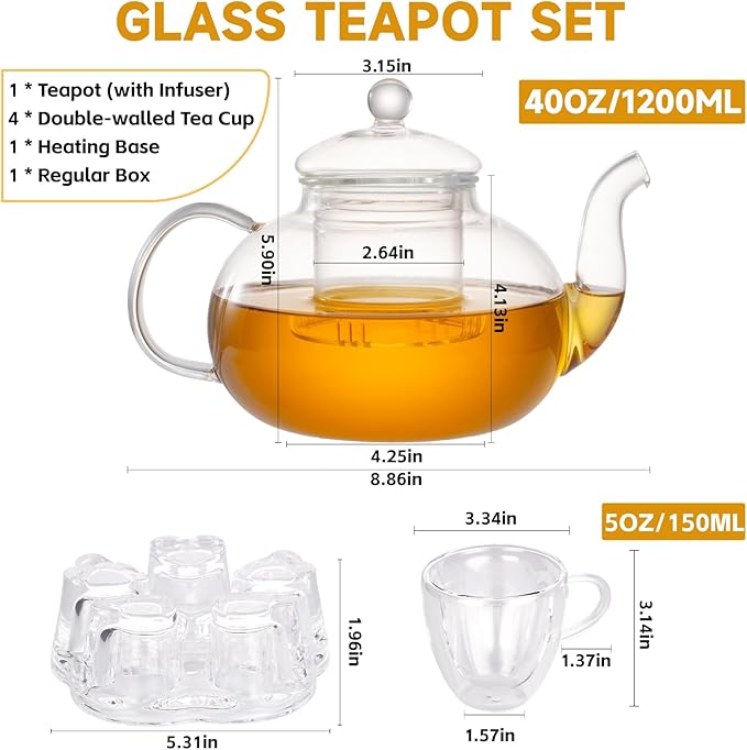 Glass Teapot Set, 40OZ/1200ml Stovetop Safe Glass Tea Kettle with 4 Double-Wall Tea Cups & Loose Tea Infuser & Tea Warmer, Dishwasher Safe Tea Maker, Blooming Tea Gift Set For Women - Bloomnest