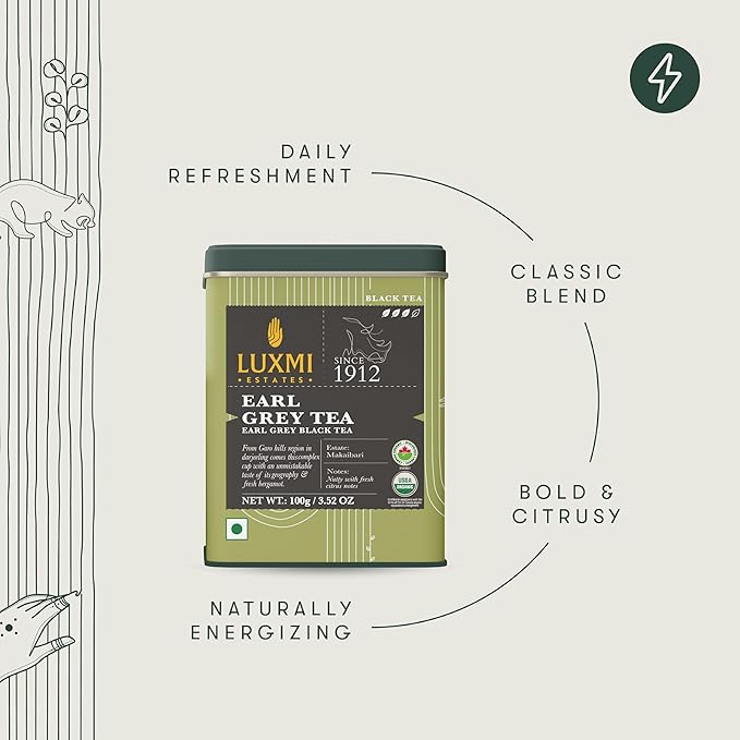 Luxmi Estates Garo Hills Earl Grey Tea 100gm Tin | Certified Organic Black Tea - Bloomnest