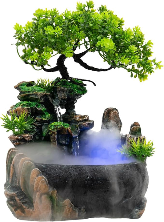 Rockery Stream Tabletop Fountain with Atomizer,Water Pump,LED Light Zen Meditation Indoor Waterfall Feature Indoor Relaxation Desktop Fountain for Home Office Bedroom Decoration (A) - Bloomnest