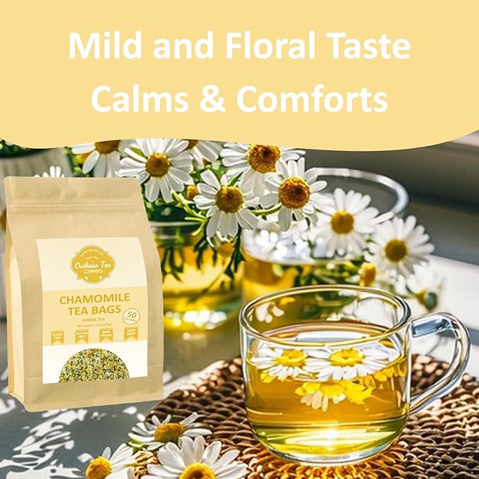 Ovikaso Tea, Chamomile Tea Bags, 50 Pyramid Tea Bags, 1.5g/bag, 100% Natural, Herbal Tea for Relaxation, Direct from Source, Non-GMO, No Caffeine - Bloomnest