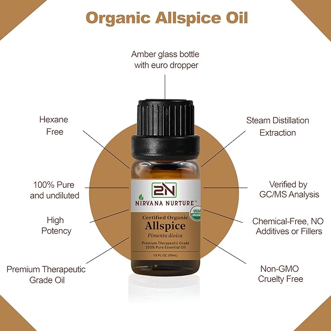 Allspice Essential Oil, USDA Certified Organic, 100% Pure Undiluted, Aromatherapy Oil for Diffuser, Hair & Skin Care NirvanaNurture