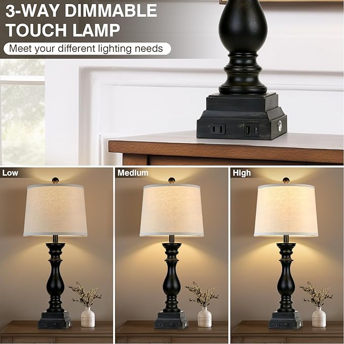28" Farmhouse Table Lamps Set of 2 with USB C+A Ports and AC Outlet, 3 Way Touch Tall Vintage Bedside Lamp for Living Room, Black Rustic Nightstand Lamp for Bedroom Office - Bloomnest