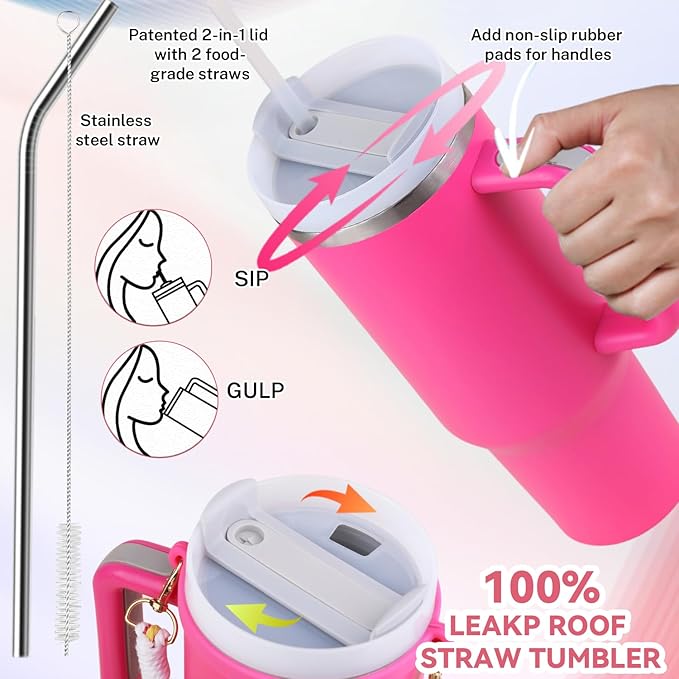 40 oz Tumbler Insulated Mug w/Straw & Flip Cap Lids - Cup Holder Bottle with 6 Accessories Set for Hot, Cold Drink - Leak-Proof - Water, Coffee Portable Travel Mug (Barbie) - Bloomnest