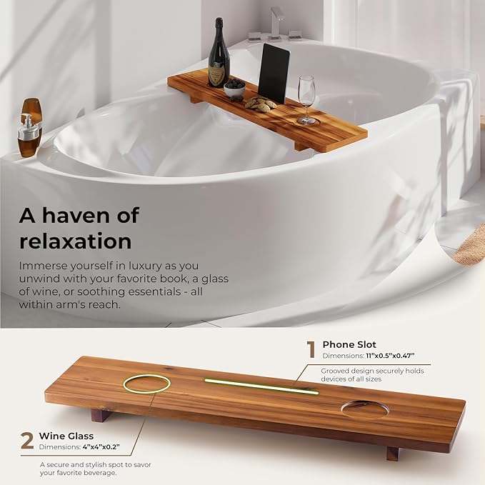 Tinamo Acacia Bathtub Caddy Tray Table | 35x9 Inch Large Bath Tub Tray Wooden | Anti-Tipping, Sustainable Tub Tray for Bathtub | Bathtub Accessories Holders for Bathtub (Acacia, 35x9) - Bloomnest