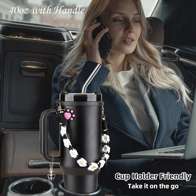 40 oz Tumbler Insulated Mug w/Straw & Flip Cap Lids - Cup Holder Bottle with 6 Accessories Set for Hot, Cold Drink - Leak-Proof - Water, Coffee Portable Travel Mug (Midnight Black) - Bloomnest