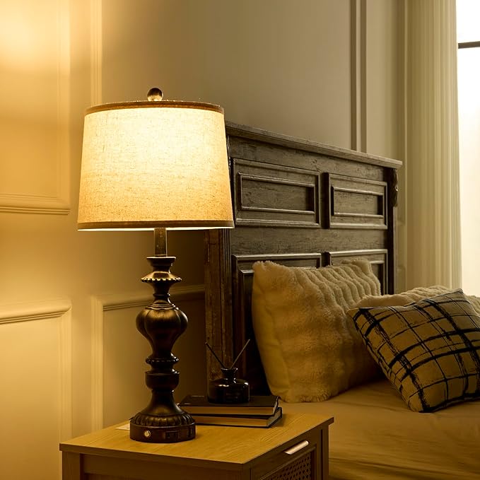 27.5" Farmhouse Table Lamps Set of 2 Bedside Lamp with USB C+A Ports & AC Outlet, 3 Way Dimmable Touch Lamps for Living Room Bedroom Office Hallway Rustic Nightstand Traditional Lamp - Bloomnest