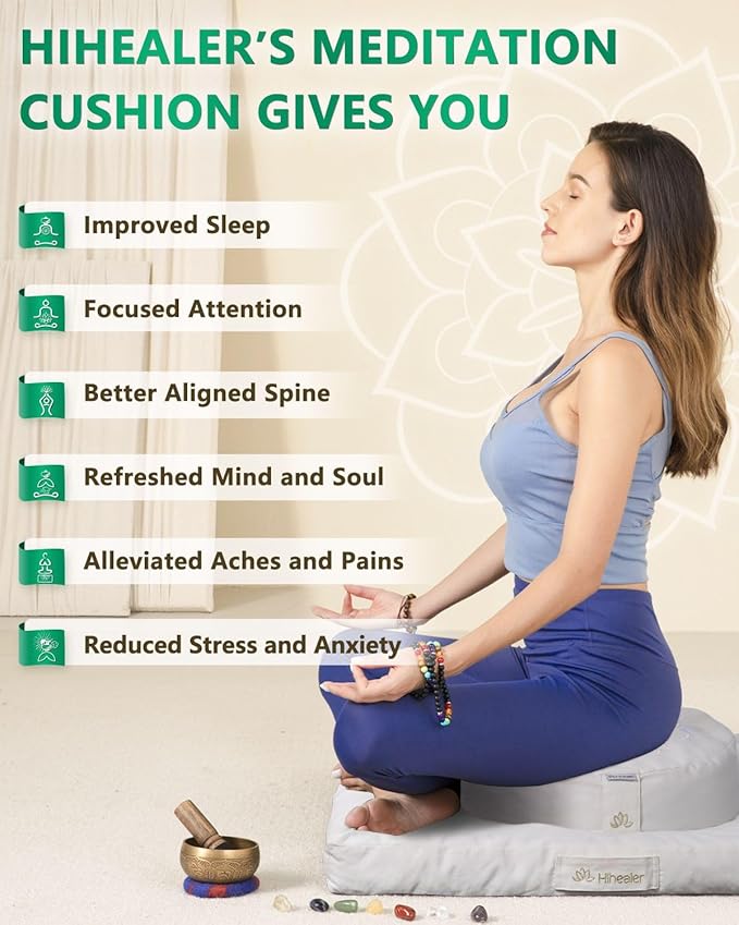 Hihealer Meditation Cushion Set Large Cotton Floor Pillow & Traditional Tibetan Yoga Bolster for Adults Zafu Meditation Mat with Buckwheat Filling (Pure White) - Bloomnest
