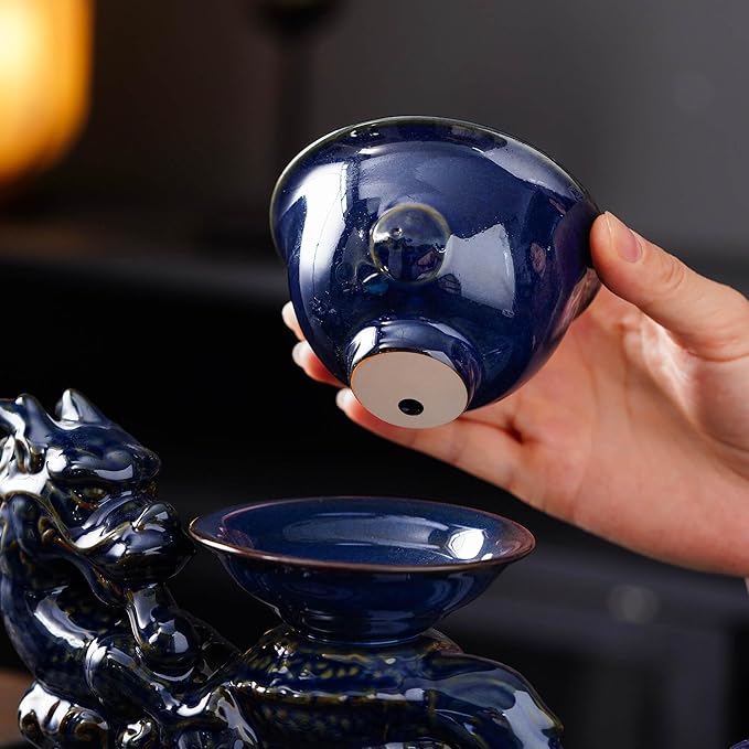 Semi Automatic Tea Set Ceramic Teapot with Infuser Magic Teapot with 8 cups (Dark Blue Dragon-B) - Bloomnest