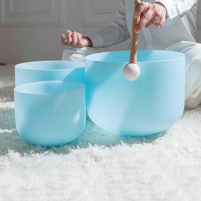 Hye-eun Crystal Singing Bowls Set, 3PCS 432hz 8"A 10"E 12"D Blue Frosted Quartz Chakra Sound Bath Bowl with Beige Carrying Case for Sound Healing Yoga Meditation Cleansing Stress Relief - Bloomnest