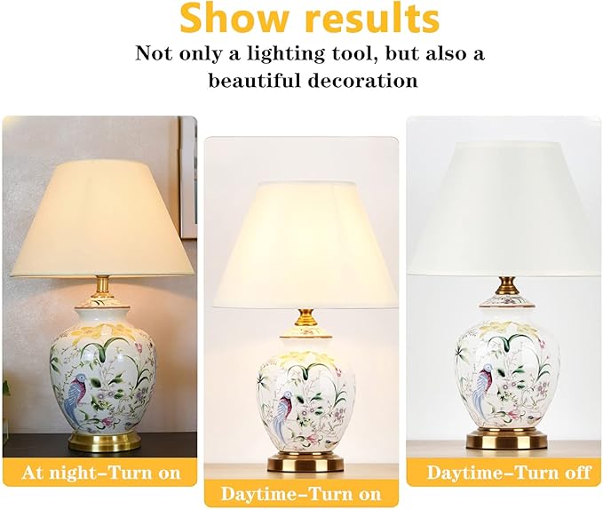 Chinoiserie Ceramic LED Table Lamp, American Flower&Bird Bedside Lamp, Classic White Fabric Lampshade Desk Nightstand Lamp for Bedroom Living Room Office College Bookcase - Bloomnest