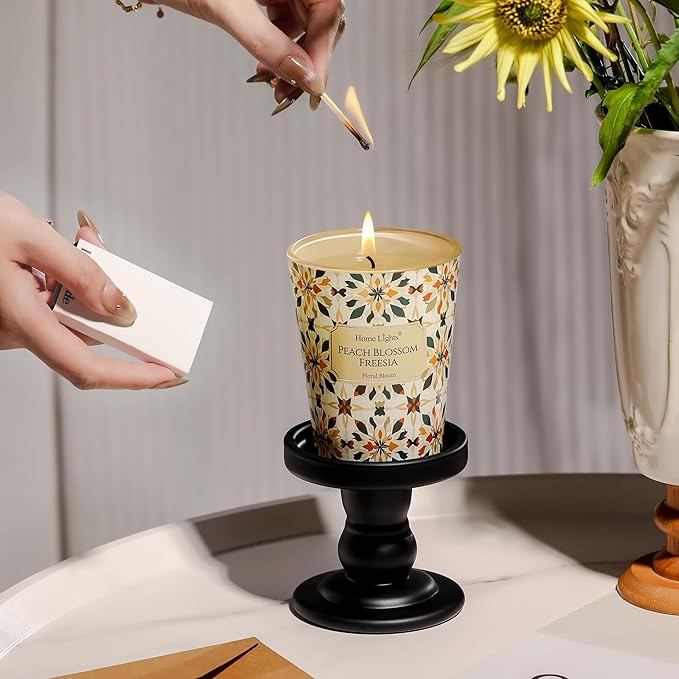 HomeLights Scented Candles for Women & Men, 6.7oz Candle Jars Aromatherapy Single Wick Candle, Ideal for Bohemian Natural Textures Home Decor and Gifts, Peach Blossom Freesia - Bloomnest