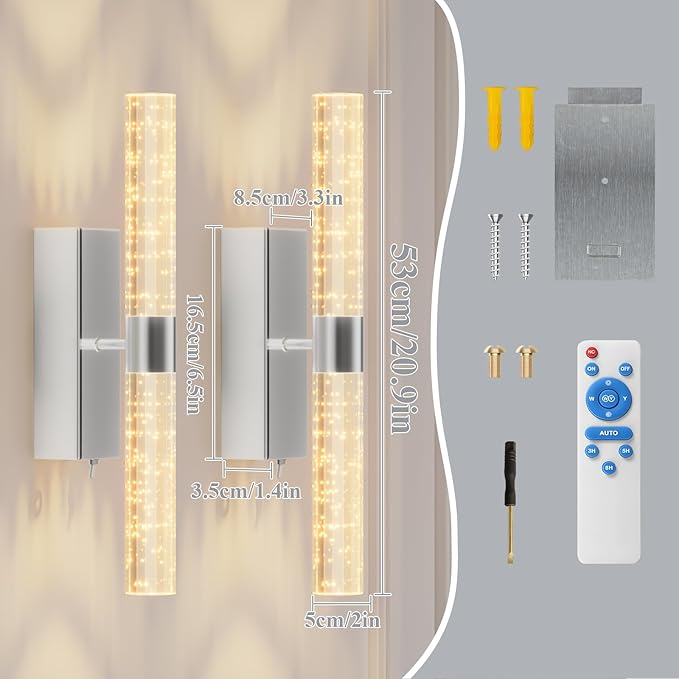 camuucci Battery Operated Sliver Wall Sconces Set of 2 Rechargeable Battery Powered Wall Light with 12000mAh Not Hardwired Dimmable Wall Lamp Fixtures for Bedroom Living Room 20.9 Inches - Bloomnest