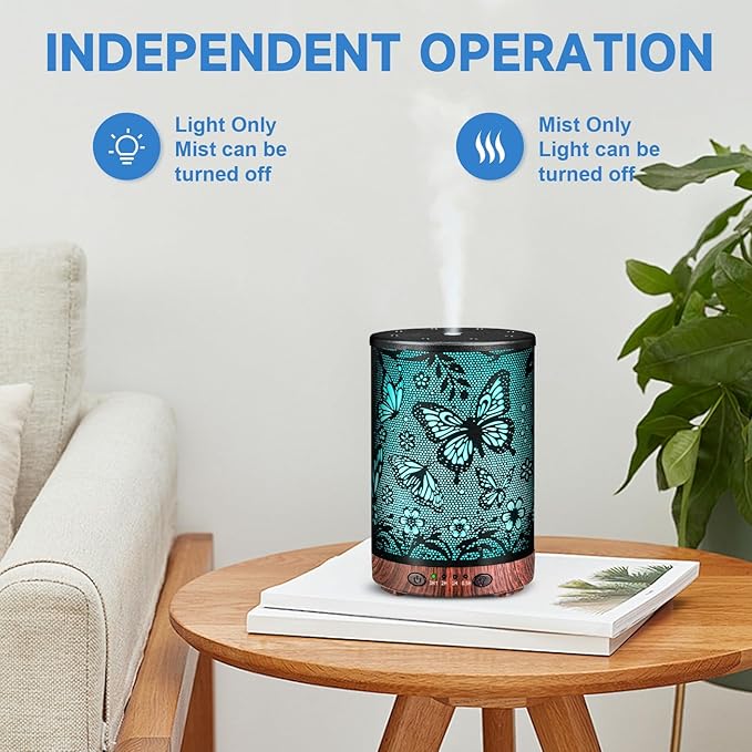 Essential Oil Diffuser 120ML Metal Aromatherapy Diffuser with Timer, Cool Mist Humidifier with Auto Shut-Off & 7 Color Lights for Home Office Spa (Big Butterfly) - Bloomnest