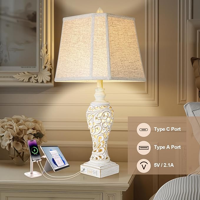 Vintage Table Lamps Set of 2, 28.5'' High Bedside Lamps with Fabric Shade, Farmhouse Nightstand Lamps with USB A+C Ports and Nightlight - Perfect for Living Room Bedroom Office Study (Bulb Included) - Bloomnest