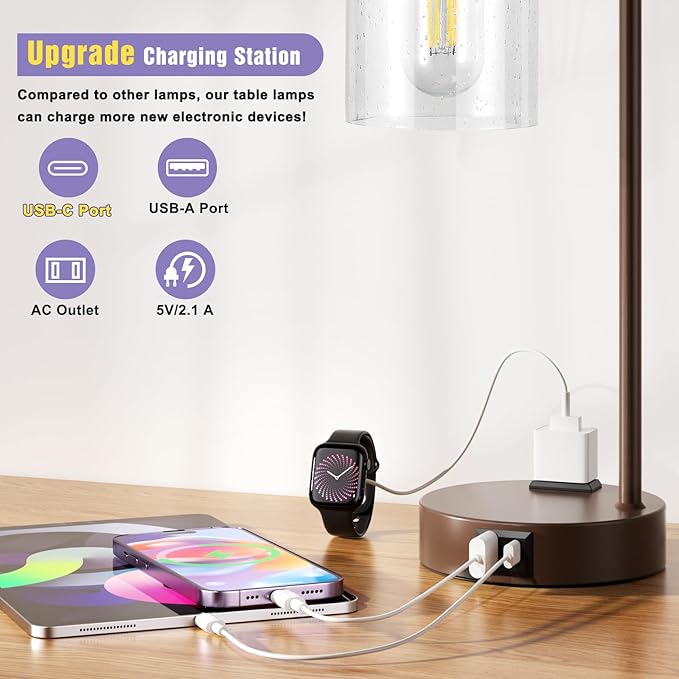 Innqoo Industrial Touch Table Lamps - 3-Way Dimmable Desk Lamps Set of 2 with USB C+A Ports and Outlet, Brown Bedside Lamps with Clear Glass Shade for Living & Bedrooms - Bloomnest