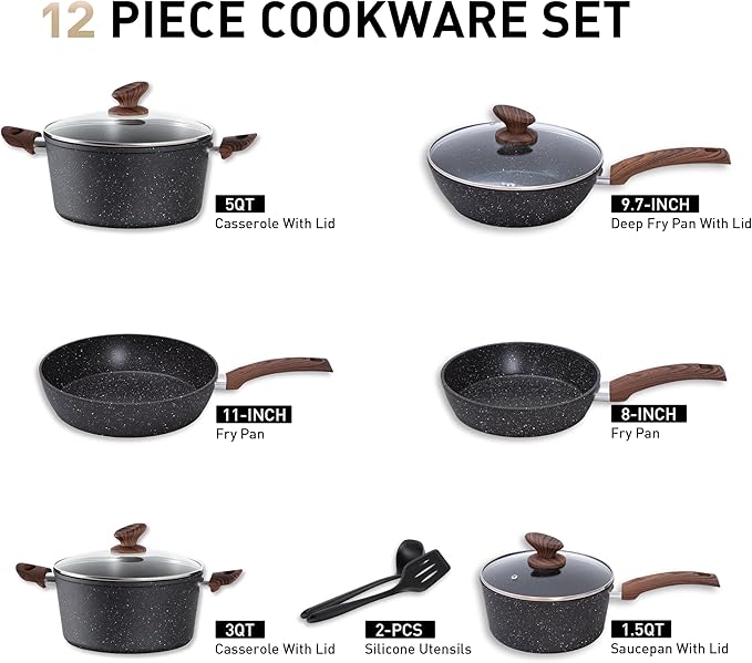 MAISON ARTS Pots and Pans Set Non Stick, 12 Piece Black Granite Kitchen Cookware Induction Compatible, Pot and Pan Sets for Cooking Nonstick - Bloomnest