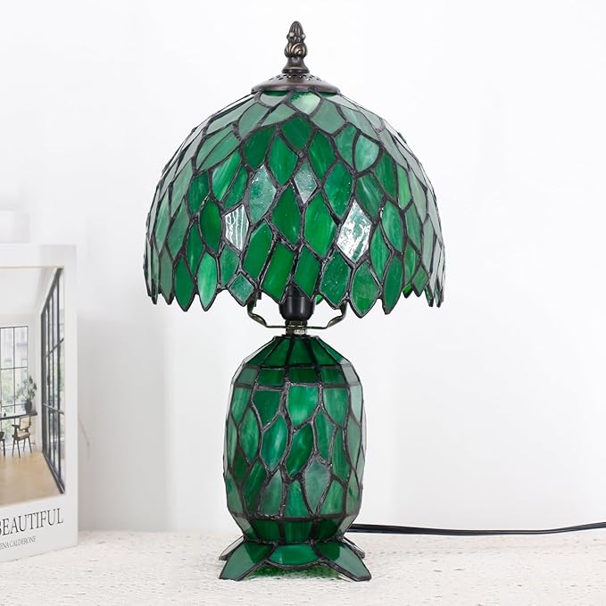 Small Tiffany Lamp Stained Glass Table Lamp Mini Mother Daughter Vase Desk Accent Night Light for Bedroom Bedside Reading Home Antique Style 8X14 Inches (Green Wisteria) - Bloomnest