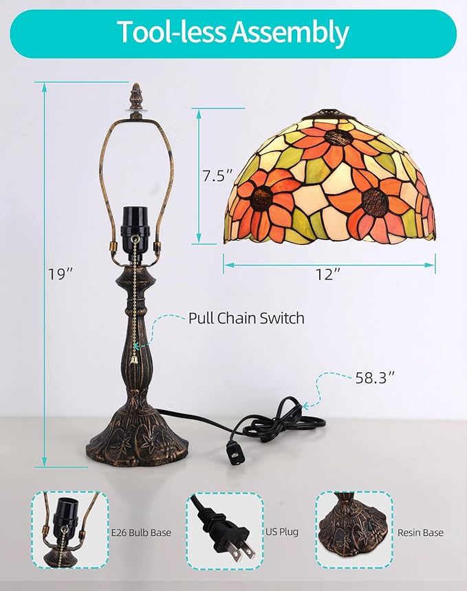 Tiffany Table Lamp, 12-inch Yellow Sunflower Style, Stained Glass Lamp for Living Room, Dining Room, Bedroom, Study Room, Office - Bloomnest