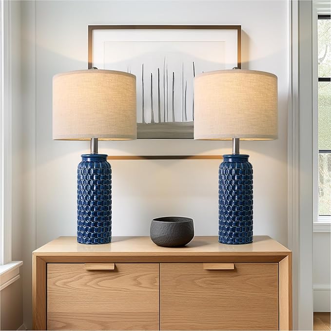 24 inches Modern Ceramic Dark Blue Bedside Lamp Set of 2 for Bedroom Decor Farmhouse Table Lamp for Living Room Office Dorm - Bloomnest
