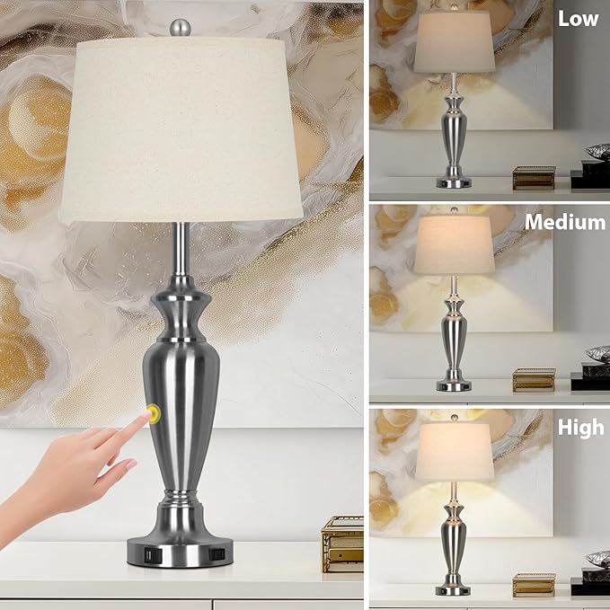 30" Tall Silver Table Lamps Set of 2 for Living Room, 3-Way Dimmable Touch Control Bedside Lamps for Bedroom Nightstand with USB A+C Ports & AC Outlet (2 LED Bulbs Included) - Bloomnest