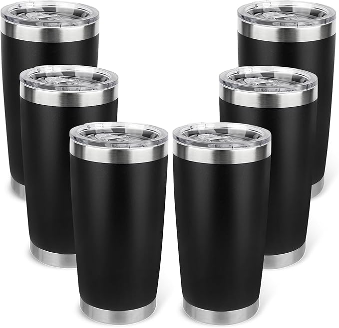 20oz Stainless Steel Tumbler Bulk with Lid, Travel Mug - Double Wall Vacuum Powder Coated Cup - Black, 6 Pack - Bloomnest