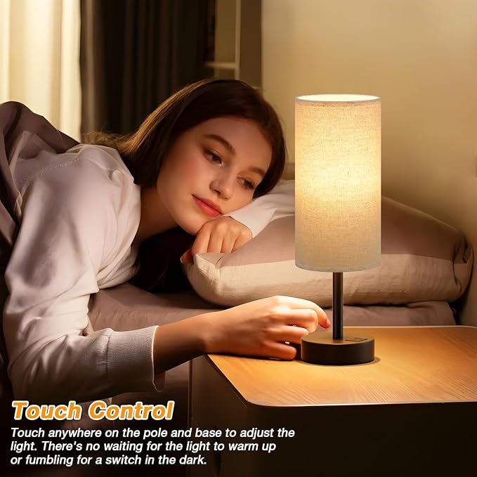 Dicoool Beige Touch Lamp for Bedroom with USB - 3 Way Dimmable Table Lamp for Nightstand, Small Lamp with Black Charging Station for Desk Dorm, Office, Nursery - Bloomnest