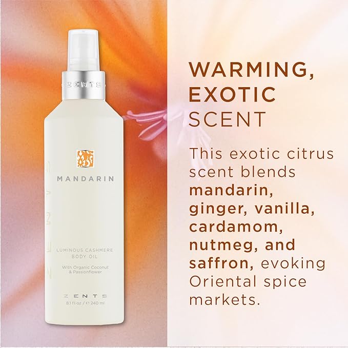 Zents Luminous Cashmere Body Oil (Travel Size - Mandarin Fragrance) | Moisturizing Body Oil with Vitamin E & Organic Coconut Oil | Softens & Smooths Skin | 1 fl oz | TSA Approved - Bloomnest