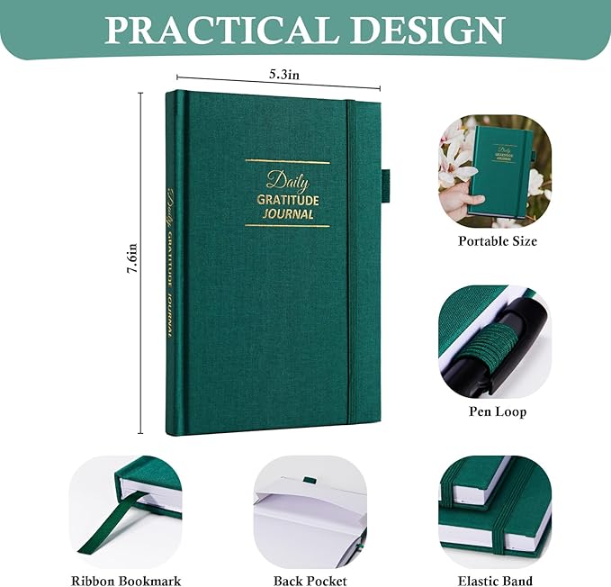Gratitude Journal with 4 Inspirational Stickers: Undated Daily Gratitude Journal for Women and Men - More Happiness, Affirmation, and Mindfulness in A Few Minutes with Prompts & Quotes (Green) - Bloomnest