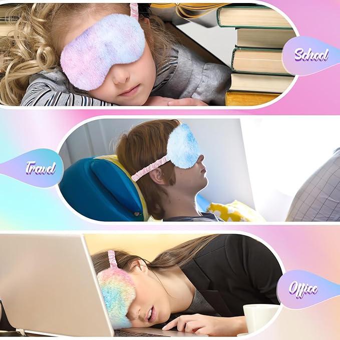 Cuffbow 6 Pcs Plush Sleep Eye Mask Silk Furry Eye Covers for Sleeping Cute Sleep Mask Fluffy Comfortable Sleeping Blindfold for Travel Sleepover Nap Party Supply Girls Women(Tie Dye,Rainbow) - Bloomnest