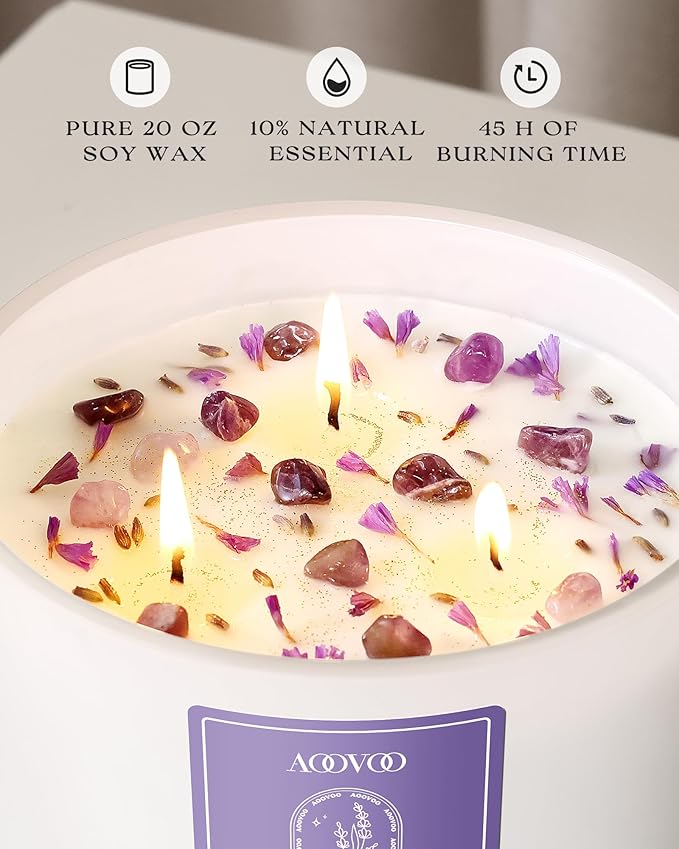 AOOVOO Lavender Scented Candles for Women - 20oz 3 Wick Soy Candles for Home Scented, Aromatherapy Candle with Crystals Inside, Birthday Gifts Christmas Candle for Women Mom - Bloomnest