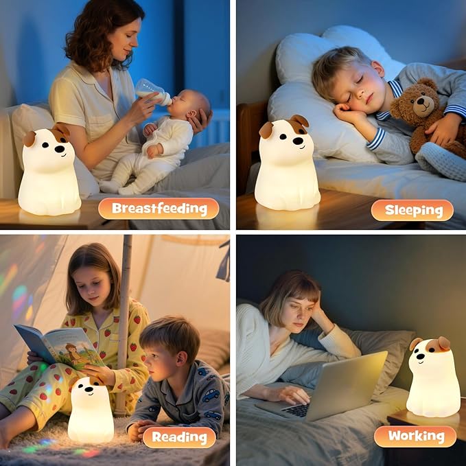 Squishy Puppy Night Light with RGB Mode 3 Brightness Adjustable Nursery Breastfeeding Nightlight Cute Novelty Smile Dog Animal Lamp Rechargeable Silicone Touch Bedside Lamp for Bedroom Dorm Decor - Bloomnest