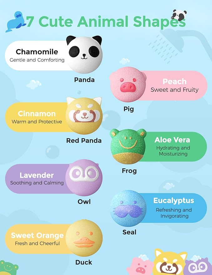Momcozy Essential Oil Bath Bombs,14 Pcs Bubble Bath Fizzy Balls with 7 Cute Animal Shapes,Bath Bombs Gift Set for Kids Girls Boys Toddler, Ideal Gift for Children's Day, Bath Bomb Kit - Bloomnest