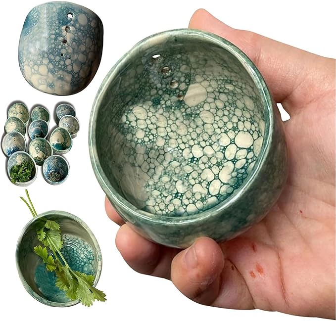 Hamblin Bros Pottery Herb Stripper Bowl, Handmade Ceramic Herb Stripper with Different Hole Sizes for Separating Leaves and Stems (Green) - Bloomnest