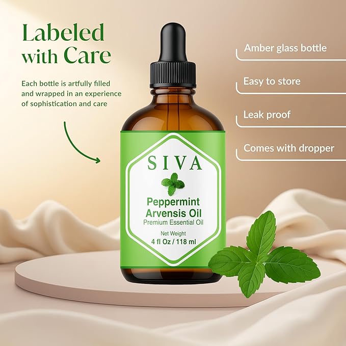 Siva Peppermint Arvensis Essential Oil - 4 Fl Oz – 100% Natural Peppermint Arvensis Oil - for Diffuser, Face, Skin Care, Aromatherapy, Hair Care, Scalp and Body Massage - with Dropper - Bloomnest