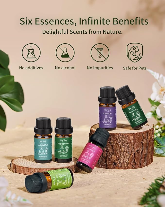 VTS Essential Oils Set (6 x 10ml) - Lavender, Peppermint, Eucalyptus, Tea Tree, Geranium, Rosemary, Aromatherapy Oils Gift Set for Home Diffusers, Skin & Hair Care, Soap & Candle Making, Humidifiers - Bloomnest