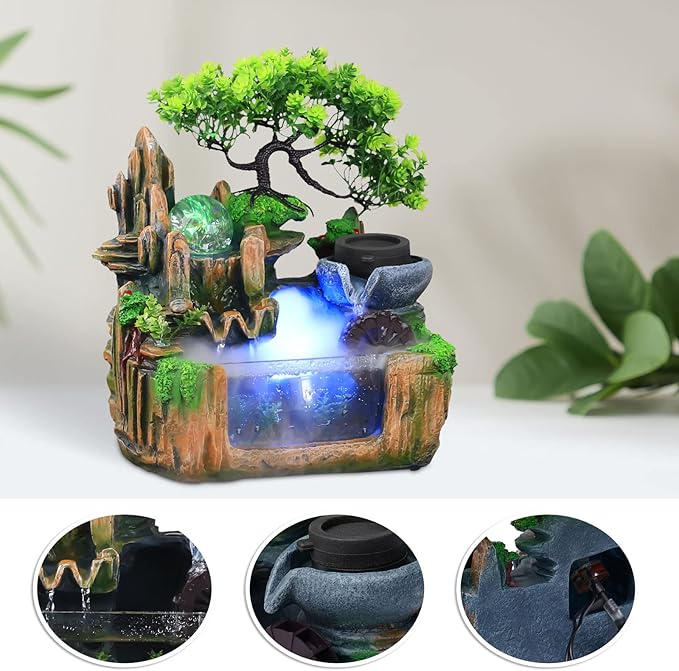 Gdrasuya10 Indoor Fountain, Tabletop Rockery Fountain with LED Lights, Goldfish Waterfall, Durable Resin Material, Ideal for Office, Home, Bedroom